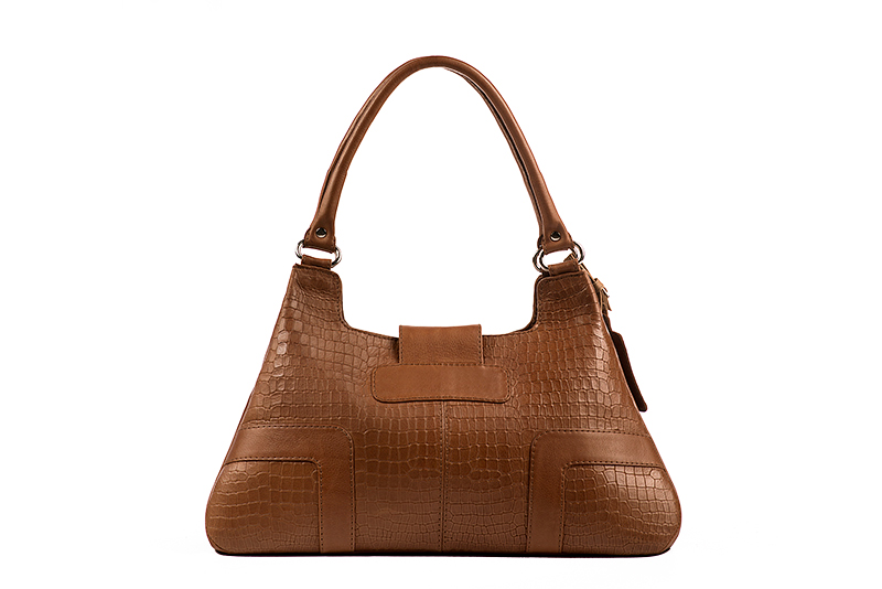 Caramel brown women's dress handbag, matching pumps and belts. Rear view - Florence KOOIJMAN